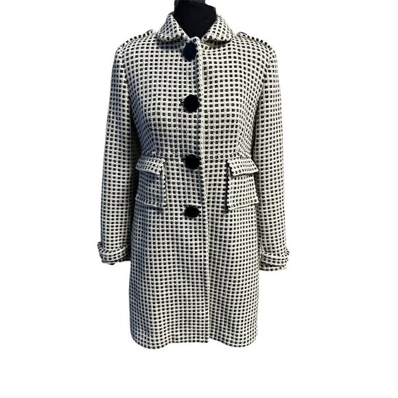 Banana Republic Wool Blend Long Coat Women M Black/White Checkered Button Closur - Picture 1 of 13